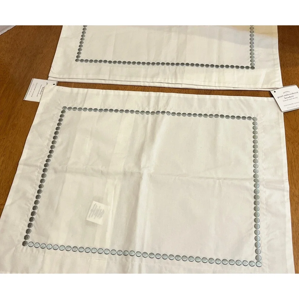 Pottery Barn Pearl Embroidered Pillow Shams White Green Mist Set of 2 NWT 12x16